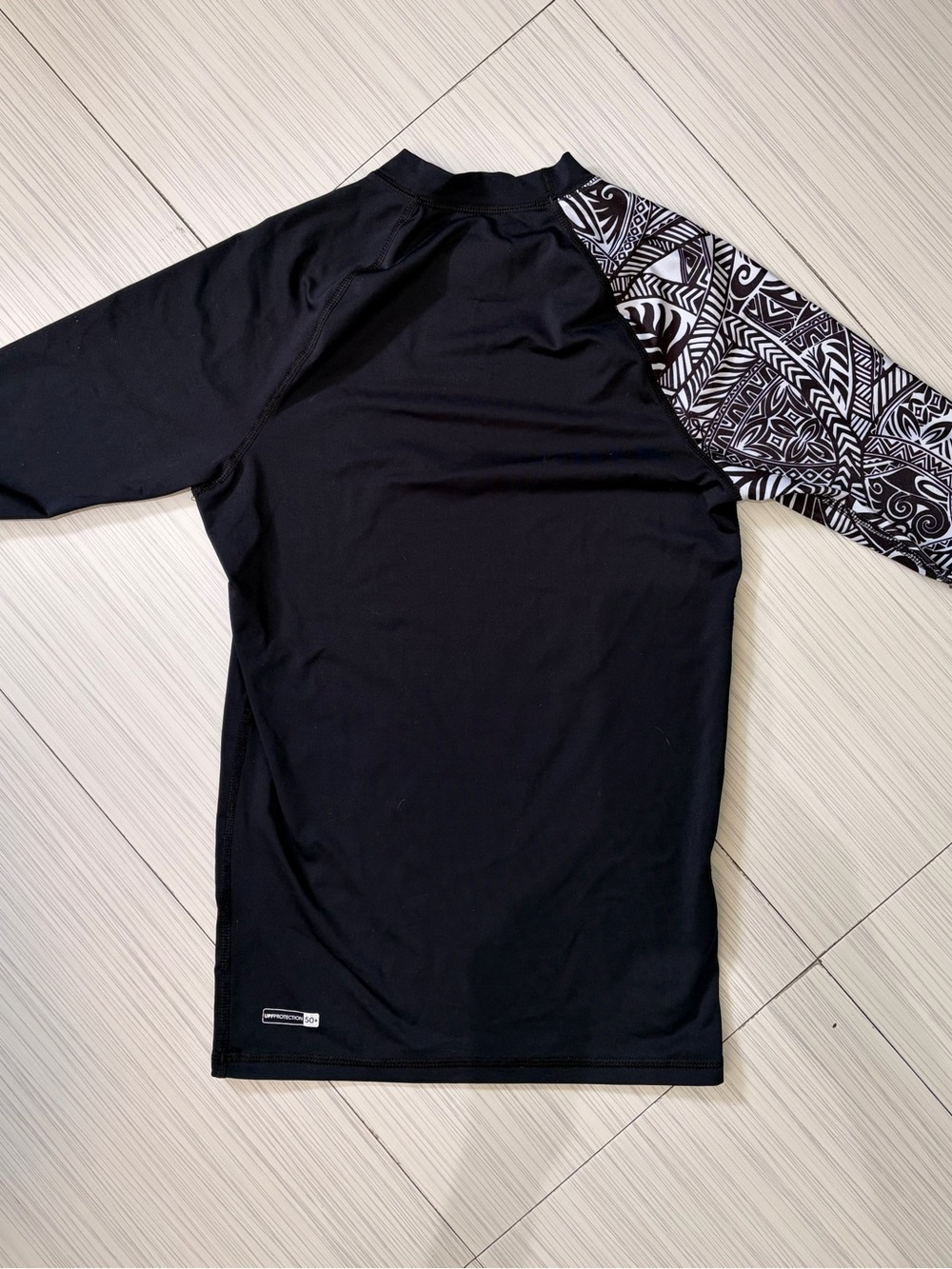 Quiksilver Black Boy's Swim Rash Guard with Monochrome Patterned Sleeve